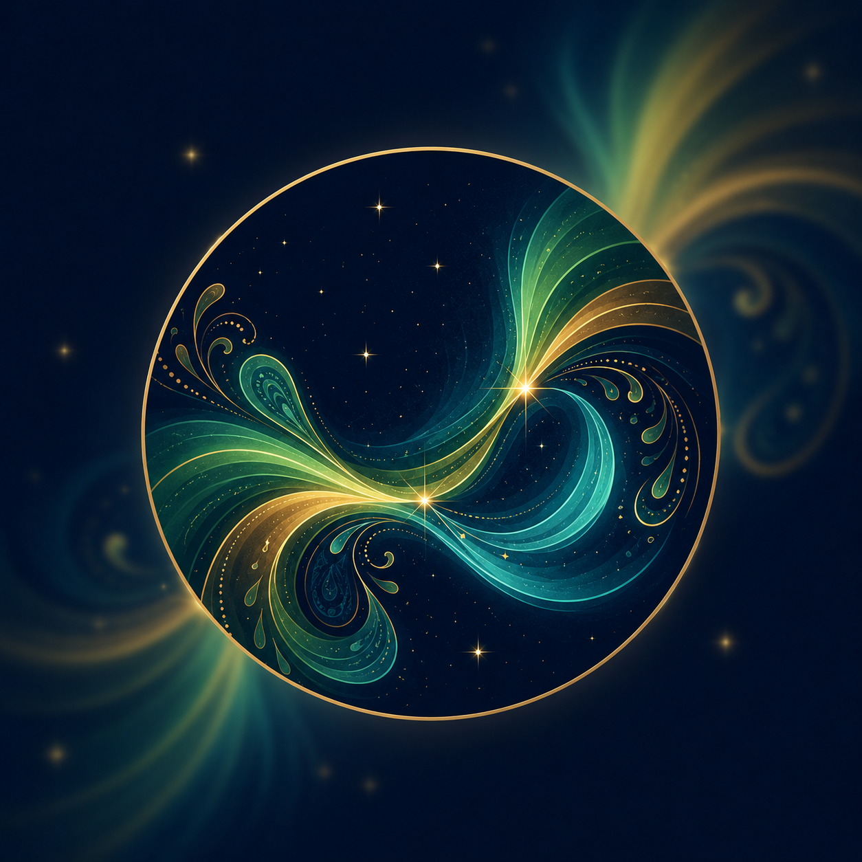 Vaurora aurora emblem — swirling teal, emerald and gold light within a gold-rimmed circle on a midnight sky